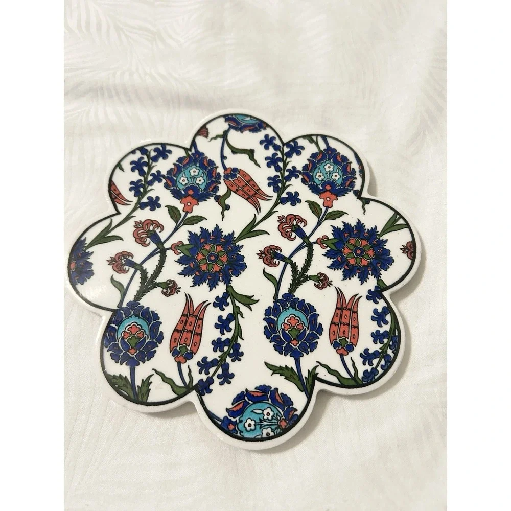2 Turkish Ceramic Kitchen Hot Plate Trivet Purple Red Flower Shape 7.25